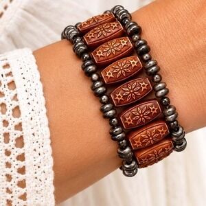 Bohemian Carved Wood Star Flower Stretch Bracelet Gunmetal Metal Bead Multi Row
